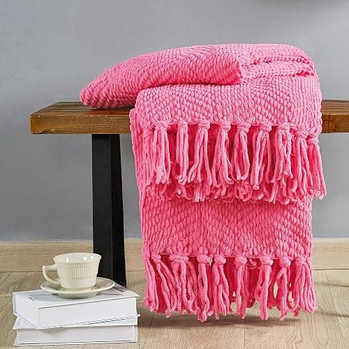 BYTIDE Throw Blanket for Couch Soft Knitted Textured Couch Cover Tweed Blanket with Fringe Tassel for Home Décor Bed Sofa Chair, 60" x 80", Hot Coral Pink thumbnail 7