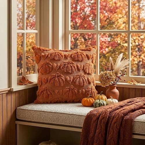 AVOIN colorlife Fall Pumpkin Heart Caramel Throw Pillow Covers, 18 x 18 Inch Autumn Thanksgiving Harvest Soft Plush Faux Fur Jacquard Cushion Case Decoration for Sofa Set of 2 thumbnail 3