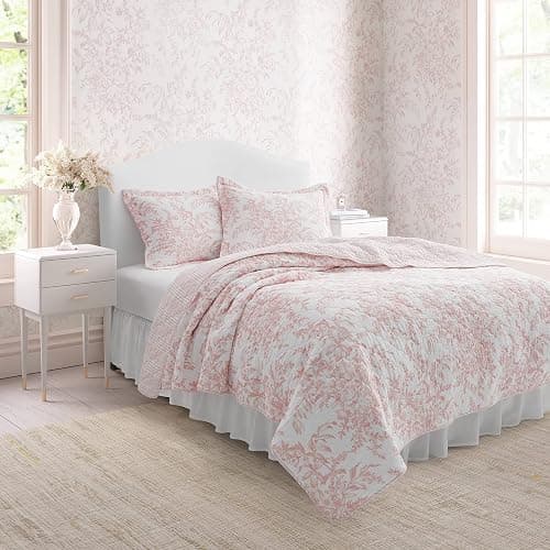Laura Ashley - Twin Quilt Set, Reversible Cotton Bedding with Matching Sham, Lightweight Home Decor for All Seasons (Bedford Pink, Twin) - Bedford Pink - Twin thumbnail 2