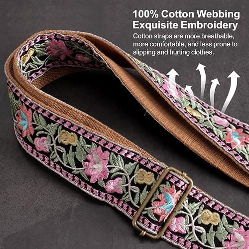 Nefelibata Guitar Strap,Jacquard Embroidery Cotton Guitar Straps with Crazy Horse Leather Ends for Bass, Electric & Acoustic, Best Gifts for Guitarists(Elegant Pink Flower Embroidery) thumbnail 4