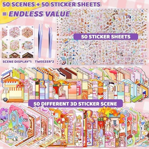 QEF 50 Sets 3D Sticker Scene, 100 Pcs Cute Kawaii Stickers, DIY Scene Sticker Book for Kids and Adults, Make Your Own House Room, Creative Stress Relief Activity Gift thumbnail 2