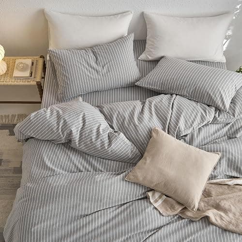MooMee Striped Duvet Cover Set 100% Washed Cotton Linen Like Textured Breathable Durable Soft Comfy (Light Grey White Wide Stripes, Oversized Queen 98"x98") thumbnail 4