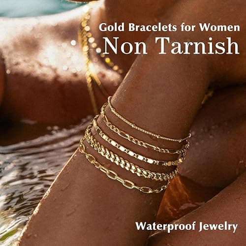 Gokeey Gold Bracelets for Women Non Tarnish Trendy,14K Gold Plated Dainty Stackable Paperclip Cuban Link Chain Bracelets, Simple Cute Cuff Bracelets Jewelry Set Adjustable 7"+2" thumbnail 7