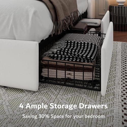 iPormis Full Size Bed Frame with 4 Storage Drawers, Upholstered Platform Bed Frame with Type-C & USB Ports, Wingback Storage Headboard, Solid Wood Slats, No Box Spring Needed, White thumbnail 4