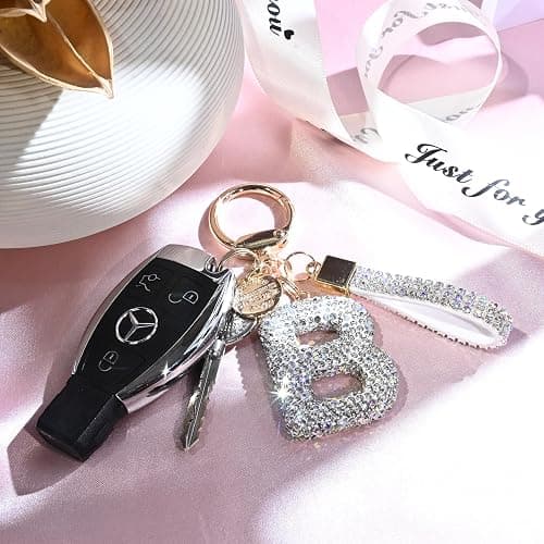 Pink Blue White Initial Letter Keychain Gift for Women Girls Bling Sparkly Cute Backpack Car Key Accessories Lanyard thumbnail 6