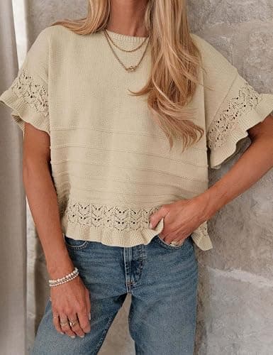 Yeokou Womens Short Sleeve Sweater Round Neck Ruffled Hem Knit Crochet Pullover Summer Fall Casual Top Blouse thumbnail 3