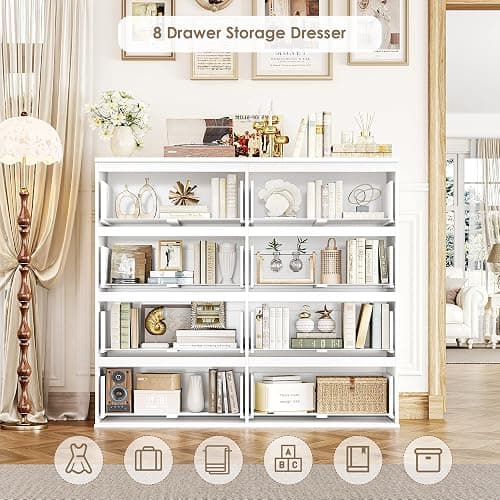 FINETONES 8 Drawer Dresser for Bedroom, White Dresser Double Chest of Drawers, Modern Wood Dressers with Deep Drawers for Living Room,White thumbnail 5