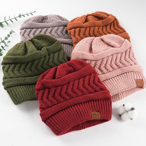 Bebila Ponytail Beanies for Women, Smooth Satin Lined Winter Knit Hat | Silky Lining with Ponytail Hole, Anti-Static, Warm & Soft Hat for Messy Bun & Casual Running Gifts thumbnail 6