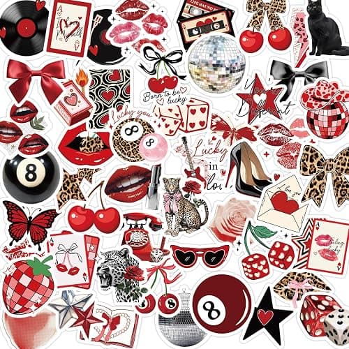 100 Pcs Downtown Girls Stickers for Women, Red Bow Cherry Aesthetic Bulk Stickers for Journaling, Cute Black Cat Waterproof Vinyl Decals DIY Water Bottle Laptop Decoration Gift for Kids - Image 1