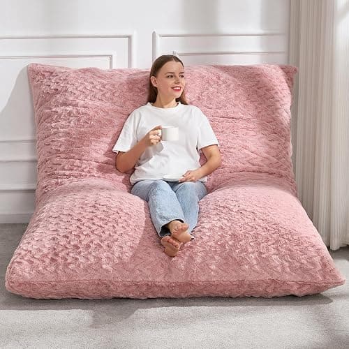 Hobestluk 3 in 1 Bean Bag Chair Giant Bean Bag Chairs for Adults with Chevron Plush Fur Cover Convertible Bean Bag Floor Cushion with Machine Washable Cover for Living Room (Chevron Plush Pink) - Image 1