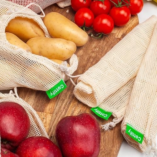 12+1 Reusable Produce Bags Grocery Washable, Organic Cotton Mesh Produce Bags, Double-Stitched & Tare Weigh, Mesh bags for vegetables, Cotton Produce Bags Reusable Washable, Produce bag 4xS, 4xM, 4xL thumbnail 7