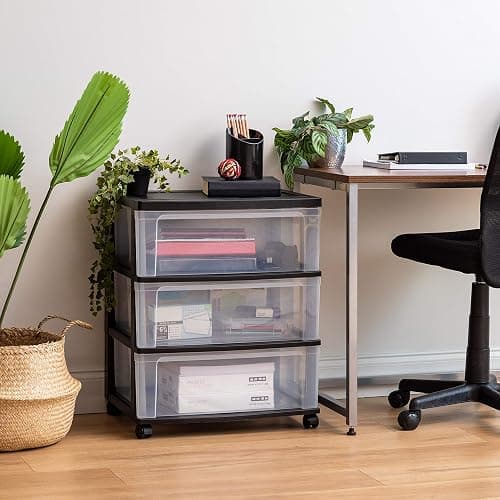 IRIS USA 3 Drawer Wide Storage Drawer Cart with Caster Wheels, Plastic Rolling Dresser for Home Closet Bedroom Bathroom Office Laundry Kitchen Craft Room Nursery and School Dorm, Black/Clear - Black - 3 Drawer thumbnail 7