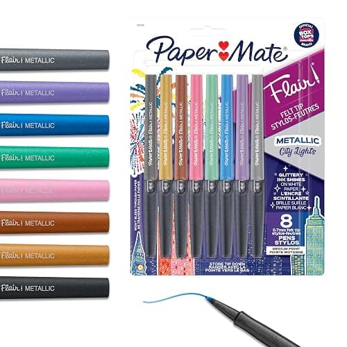Paper Mate Flair Metallic Felt Tip Pens, City Lights Collection, Glittery Assorted Colors, Premium Ink, 8 Count - Perfect for Writing, Doodling, Bullet Journaling, Glitter, Sparkle, Writing Fun - Image 1