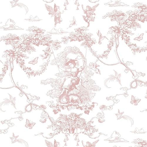 Timeet Peel and Stick Wallpaper Pink and White Self Adhesive Wallpaper Cupid Manor Painting 41x300CM Waterproof Vinyl Wrap Sticky Back Wallpaper for Living Room Bedroom Wall Cabinet Shelf - Image 1