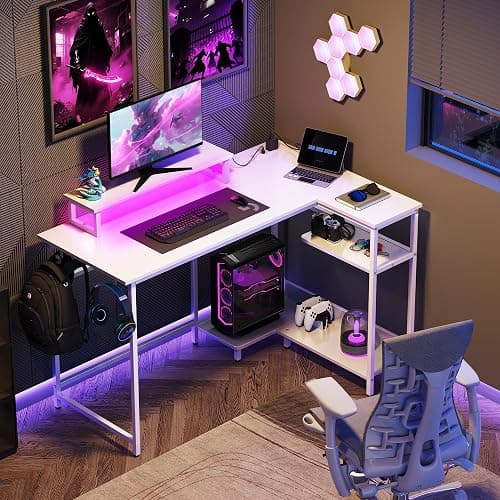 DEVAISE 47 Inch L Shaped Gaming Desk with LED Lights & Power Outlets, Corner Desk for Small Spaces, Sturdy PC Computer Table with Storage for Home Office, White thumbnail 2