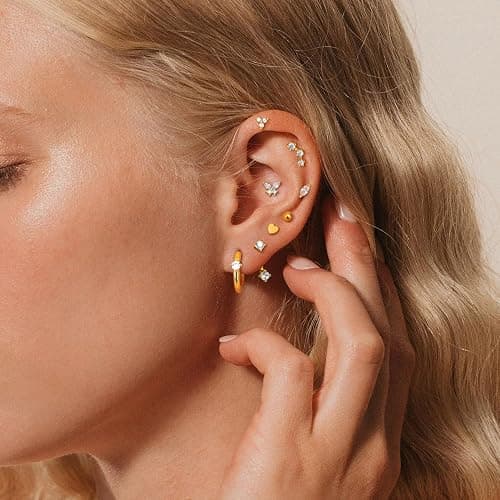 KRFY Flat Back Stud Earrings - 17 Pairs Surgical Steel Stud Earrings For Women Hypoallergenic Hoop Earrings Tiny Screw Back Cartilage Earring Set For Multiple Piercing thumbnail 5