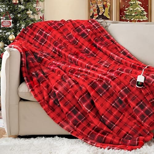 MAXEVE Heated Electric Blanket, 50"x60" Faux Fur Fast Heating Throw Blankets with 8 Heating Levels & 8 Hours Auto Off with Over-Heat Protection & ETL Certified, Plaid Red thumbnail 7