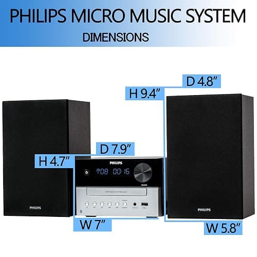 Philips Bluetooth Stereo System for Home with CD Player for Home, Wireless Streaming, MP3, USB, Audio in, FM Radio, 15W, Micro Music Sound System thumbnail 6