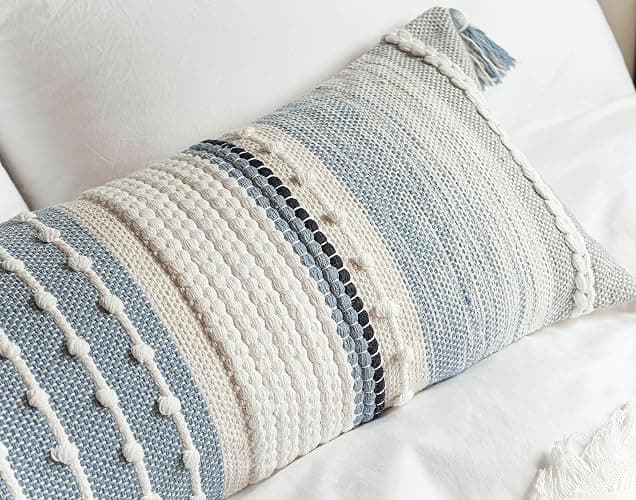 BlissBlush Coastal Blue Decorative Lumbar Pillow Cover 14x36 Boho Long Body Pillow for Bed Farmhouse Lumbar Throw Pillow for Couch Modern Accent Textured Throw Pillowcase thumbnail 9