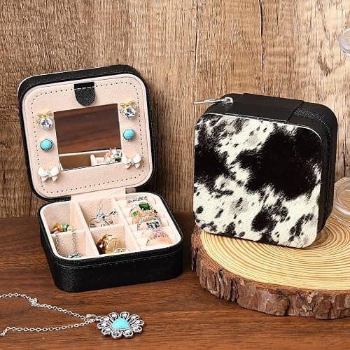 DEEKA Western Jewelry Box Case Real Leather Cow Print Cowhide Tooled Travel Jewelry Organizer Gifts Christmas Gifts for Women Country Girls Cowgirl Stuff Portable Travel Accessories -Black thumbnail 2