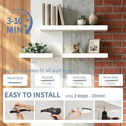 Mifurn Floating Shelves for Wall, Set of 4 Wooden Wall Mounted Shelves for Bathroom Over Toilet, Bedroom, Kitchen, Living Room & Office, Modern Hanging Storage and Wall Decor, White, 12"x7"x1.5" thumbnail 8