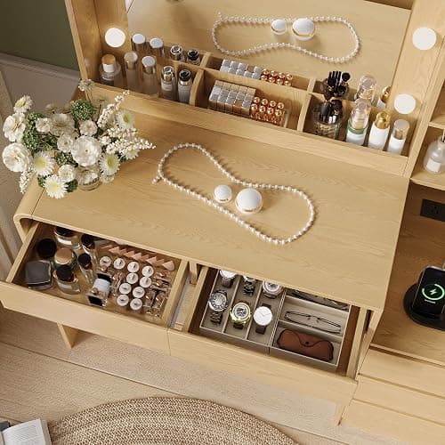 TOKSOM Vanity Table with Drawer Dresser, 39.3”Farmhouse Vanity Makeup Desk with Charging Station, Vanity Desk with Lights Mirror & 5 Drawers for Makeup, Vanity Desk with Multi Storage Shelves Natural thumbnail 5