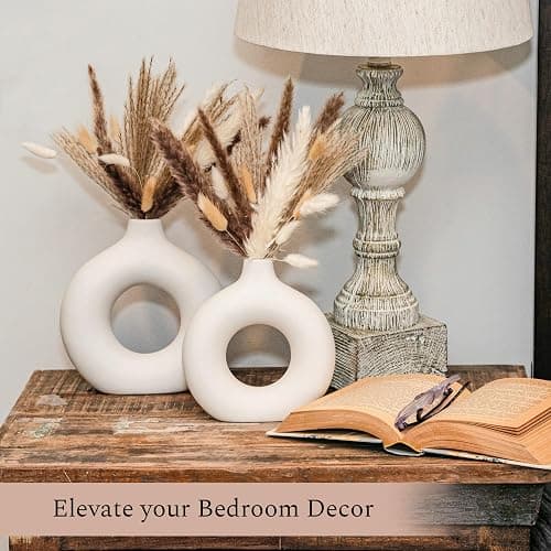 VELOVA Set of 3 White Ceramic Vase with 65 PCS Dried Pampas Grass Flowers Aesthetic Boho Modern Small Round Cute Vases for Decor Living Room Coffee Table Shelf Bedroom Office Desk Home Gifts Women Mom thumbnail 5