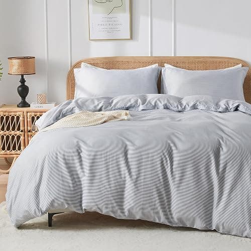 JELLYMONI 100% Natural Cotton 3pcs Striped Duvet Cover Sets,Blue Duvet Cover with Thin White Stripes Pattern Printed Comforter Cover,with Zipper Closure & Corner Ties(Twin Size) - Image 1
