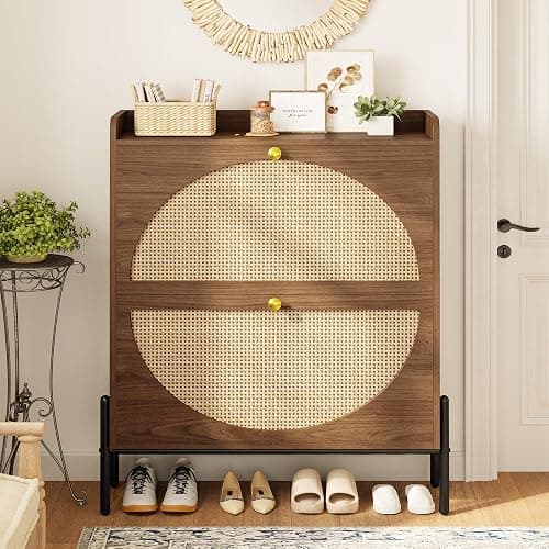 IRONCK Shoe Cabinet Storage with 2 Flip Drawers, Free Standing Wooden Shoe Storage Organizer Cabinet with Rattan Doors for Entryway, Narrow Shoe Rack Cabinet, Walnut thumbnail 4