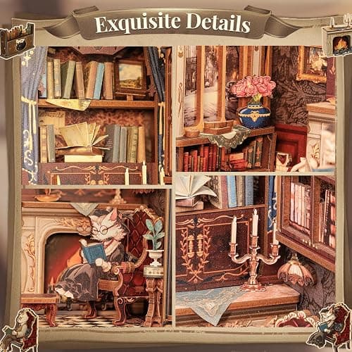 CUTEBEE DIY Book Nook Kit, Miniature House Kits for Adult and Teens, DIY Miniature Book Nook kit with Sensor Led Light, Gifts for Lovers and Family (Count Cat's Study) thumbnail 6