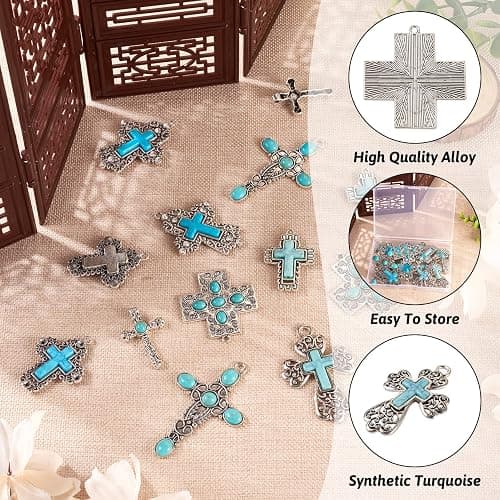 Spritewelry 14Pcs 7 Styles Turquoise Pendant Gemstone Cross Charms Tibetan Vintage Large Pendant Retro Religion Stone Dangle Charms for Big Earrings Necklace Keychain Jewelry Making DIY Crafts thumbnail 7