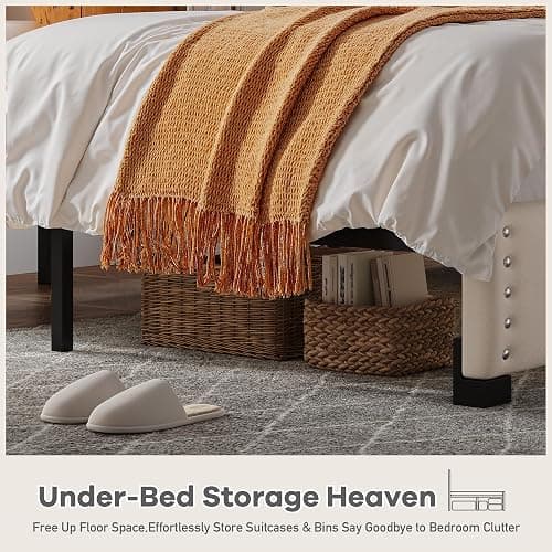 EnHomee Queen Bed Frame and Headboard, Velvet Upholstered Bed Frame Queen Size with Charging Station and LED Lights, Platform Bed Frame for Bedroom, Apartment, Dorm, Noise-Free, Easy Assembly, Beige thumbnail 6