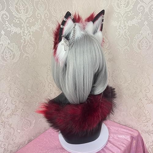Cat Fox Wolf Ears and Tail Set - Plush Cosplay Clips Headband and Tail for Halloween, Costume Accessories,Gothic Punk 02ALL thumbnail 6