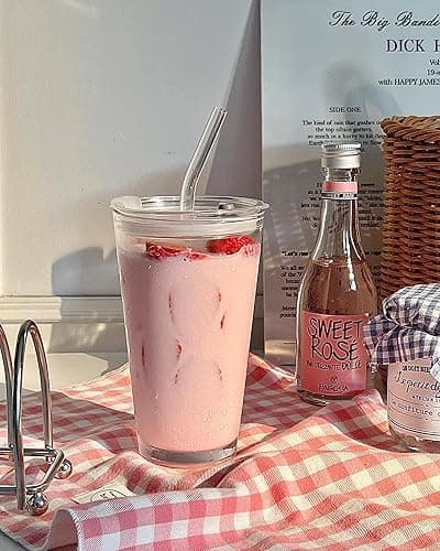 Olvini 15oz Glass Tumbler with Straw and Lid, Cute Iced Coffee Cups, Aesthetic Glass Cups, Coffee Tumbler, Water Cup, Matcha Cup, Drinking Glasses (Clear) thumbnail 3