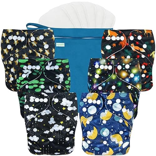 wegreeco Cloth Diapers 6 Pack with 6 Inserts & 1 Wet Bag, Washable Cloth Diapers for Babies, One Size Adjustable Reusable (Starry Sky)