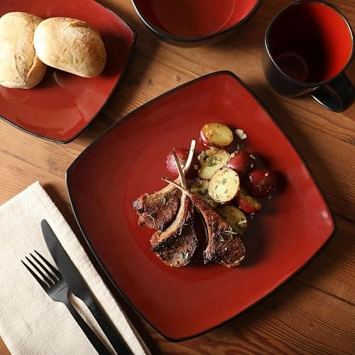 Gibson Elite Soho Lounge Square 16-Piece Dinnerware Set, Service for 4, Reactive Glaze Stoneware Plates and Bowls, Modern Dishes, Microwave & Dishwasher Safe – Red and Black thumbnail 7