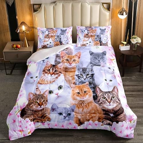 Feelyou Kids Cartoon Toddler Bedding Set Cute Animal Flowers Comforter Set Boys Girls Pink Comforter Cat Decor Quilt Set with 1 Pillowcase 2Pcs Twin Bedding thumbnail 5
