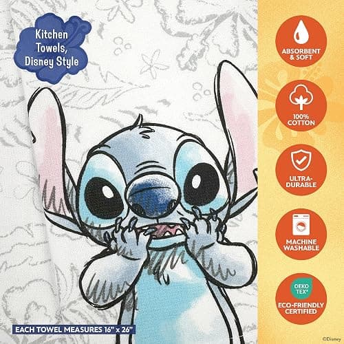 Disney Kitchen Towels & Oven Mitts Set – 4 Piece Bundle with 2 Cotton Dish Towels/Hand Towels & 2 Heat Resistant Mini Oven Mitts (Pot Holders) – Mickey, Stitch & Pooh (Stitch) thumbnail 6