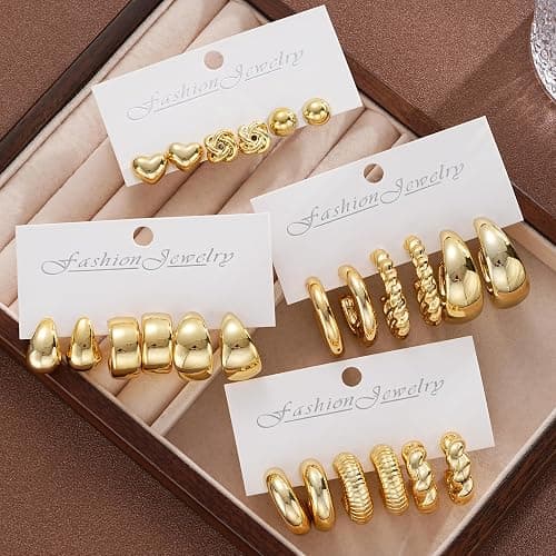 12 Pairs Chunky Gold Hoop Earrings for Women Trendy, Gold Plated Lightweight Hypoallergenic Stack, Thick Open Twisted Huggie Hoops Earring Set - Gold Chunky thumbnail 8