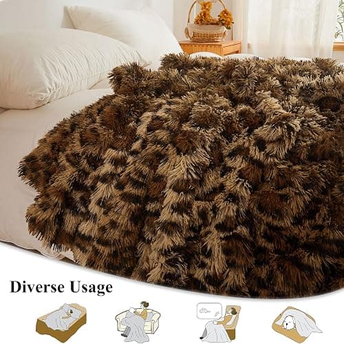 XeGe Luxury Faux Fur Leopard Print Throw Blanket, Soft 50x60 Cheetah Print Fluffy Blanket Throw, Shaggy Plush Decorative Couch Blanket, Cute Furry Animal Throw Fuzzy Blanket for Sofa Bed, Brown - 50"x60" - Cheetah Print Brown thumbnail 3