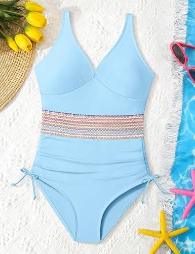 Doumlop Girls One Piece Swimsuits Color Block Girls Swimsuit V Neck Girls Bathing Suit Drawstring Girls' Swimwear 9-16 Years thumbnail 3