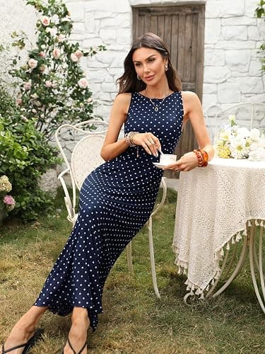 ELLEVEN Women’s Polka Dot Maxi Tank Dress, Sleeveless Boat Neck Bodycon Slim Fit Elegant Long Dress thumbnail 5