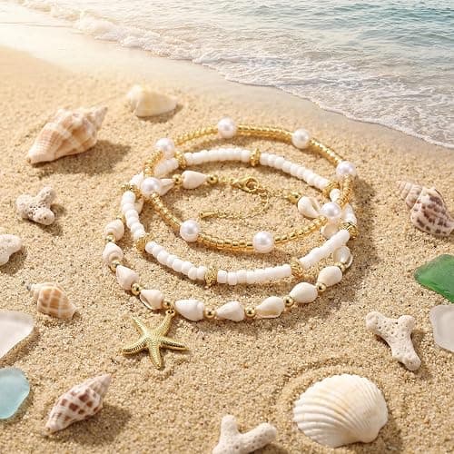 Starfish Shell Ankle Bracelets Summer Pearl Beach 14k Gold Beaded Hawaiian Dainty Anklet for Women thumbnail 2