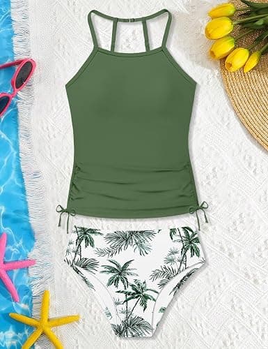 Girls Tankini Swimsuits Two Piece Bathing Suit Color Contrast Trim Drawstring Swimwear Set for Girls 9-16 Years thumbnail 6