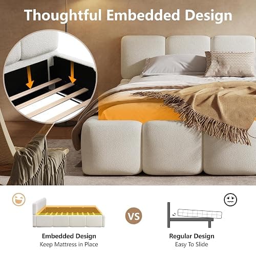 Harper & Bright Designs Queen Size Platform Bed Frame, Floor Platform Bed Grounded Bed Frame with Thick Headboard and Footboard, Block Style, White thumbnail 6