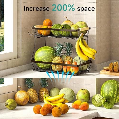 Sevenblue 2 Tier Fruit Basket for Kitchen Counter with 2 Banana Hangers, 2025 Pro Detachable Metal Fruit Bowl with Wooden Handle,Fruit Holder for Bread Snack Veggies, Brown thumbnail 7