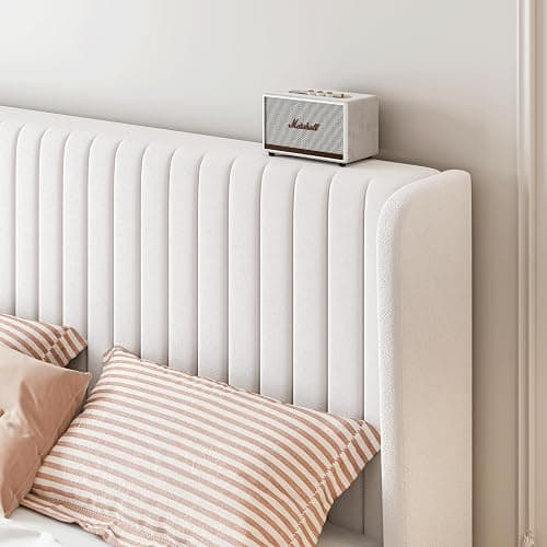 SHA CERLIN Full Size Velvet Bed Frame with Vertical Channel Tufted Wingback Headboard, Upholstered Platform Bed with Wood Slats, No Box Spring Needed, Easy Assembly, White thumbnail 4