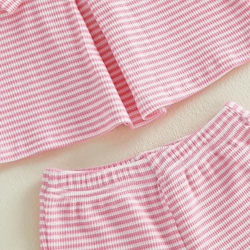 Nibbcoa Toddler Baby Girl Summer Outfit Cute Bow Flutter Sleeve Striped Ruffle Tops Dress Shorts Outfits Set 6M-4T thumbnail 8