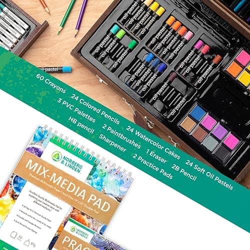 Norberg & Linden 144-Piece Art Set in Wooden Box with Drawer - Art Set for Adults, Teens, Kids - Premium Art Supplies - Includes Watercolors, Oil Pastels, Crayons, & More thumbnail 2