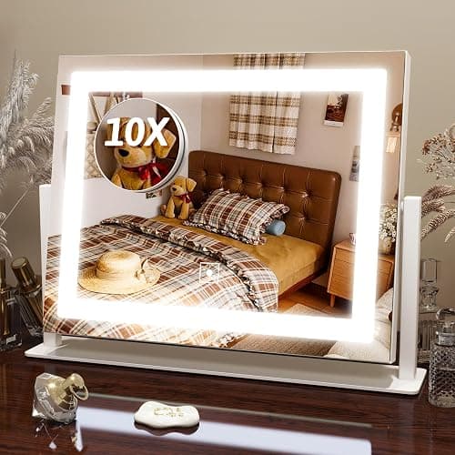 FENNIO Vanity Mirror with Lights, 12" x 16" Lighted Makeup Mirror with Smart Touch Control, 3 Color Modes & Brightness Adjustable, LED Makeup Mirror with 10X Magnification, 360° Rotation for Bedroom - Image 1